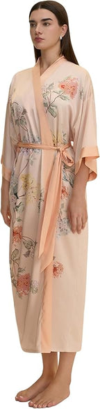 Kihnop Women's Floral Long Kimono Robe Long Satin Robe Long Silk Robe Ladies Kimonos Silky Bathrobe Cover Up, One Size