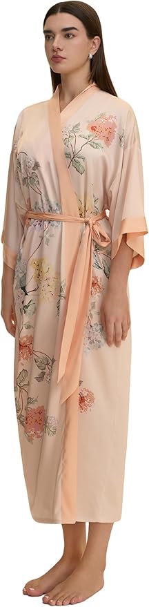Kihnop Women's Floral Long Kimono Robe Long Satin Robe Long Silk Robe Ladies Kimonos Silky Bathrobe Cover Up, One Size