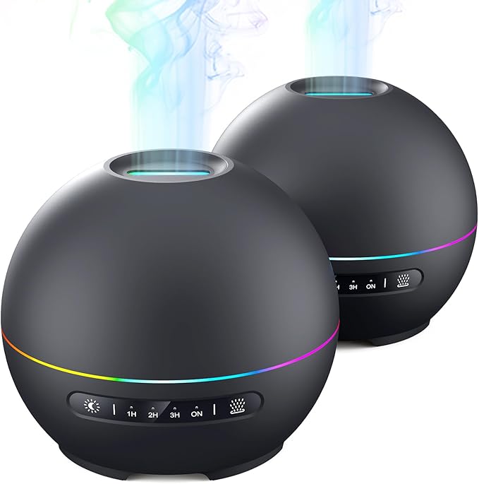 THIMONES 2 Pack Essential Oil Diffuser for Home - 200ml Ultrasonic Aromatherapy Diffuser with 4 Timers & 7 Colors Night Lights, 20dB Quiet Working for 10 Hours (Black+Black)