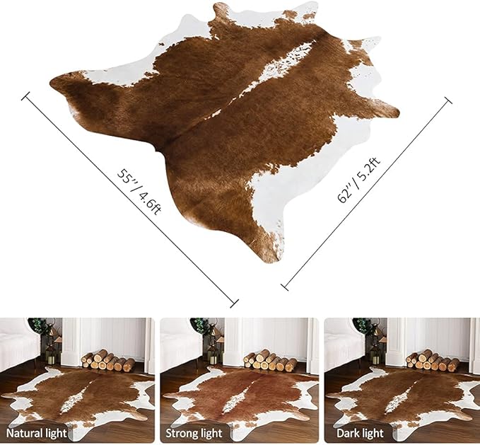 HOMORE Cowhide Rug, Cute Cow Print Rug for Living Room Faux Cow Hide Animal Print Carpet for Bedroom Office Table, 4.6 x 5.2 Feet, Khaki Brown
