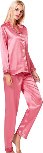 SWOMOG Womens Silk Satin Pajamas Set Long Sleeve Button Down Sleepwear 2 Piece Lounge Set Pj Set XS-3XL