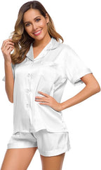 SWOMOG Womens Silk Satin Pajamas Set Short Sleeve Sleepwear Button Down Top and Shorts Loungewear 2 Piece Pjs Set XS-3XL