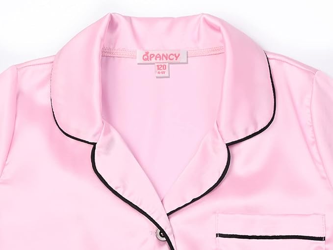 QPANCY Kids Satin Pajamas Sets Baby Boy Girl Button-Down Silk Sleepwear 2 Piece Short Sleeve Loungewear Clothes Set