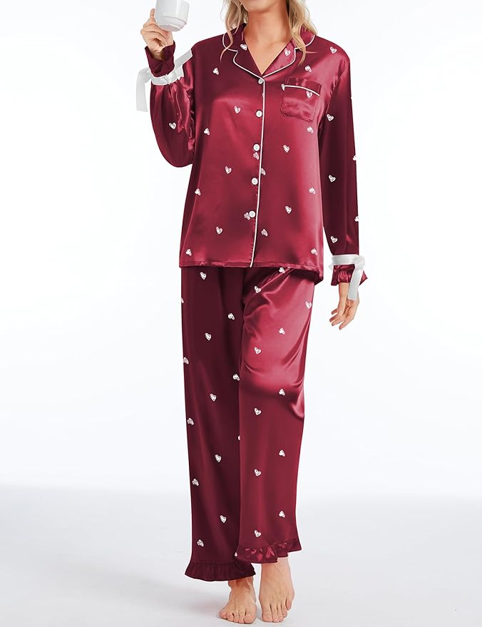 SWOMOG Womens Silk Satin Pajamas Set Long Sleeve Button Down Sleepwear 2 Piece Lounge Set Pj Set XS-3XL