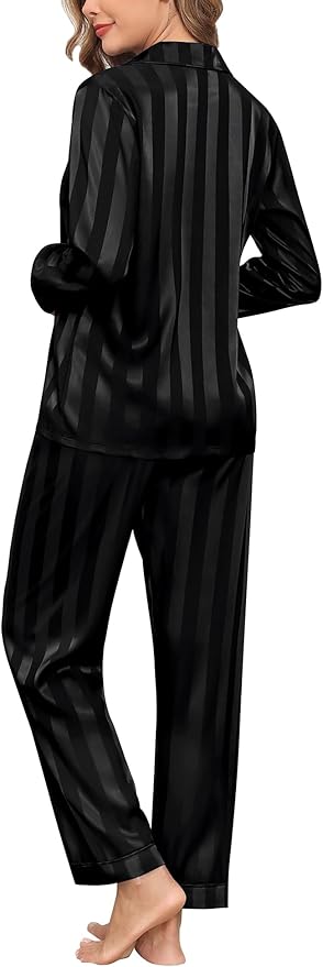 SWOMOG Womens Silk Satin Pajamas Set Long Sleeve Button Down Sleepwear 2 Piece Lounge Set Pj Set XS-3XL
