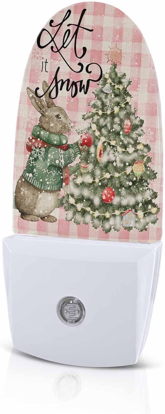 Night Light Plug into Wall, Xmas Winter Squirrel Santa Tree Snowflakes Dots Buffalo Gingham Vintage Peach Beige Popsicle Shape Night Light LED Nightlight with Light Sensors for Kids Bedroom Hallway