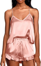CHYRII Women's Sexy Silk Satin Ruffled Pajamas Sets Cami Shorts Sets Sleepwear