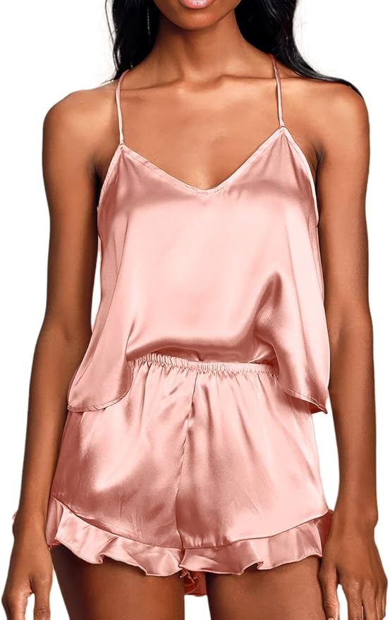 CHYRII Women's Sexy Silk Satin Ruffled Pajamas Sets Cami Shorts Sets Sleepwear