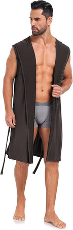 VintageClothing Men's Summer Robe with Hooded Lightweight Bathrobe House Kimono Sleeveless Sexy Sleepwear Pajamas