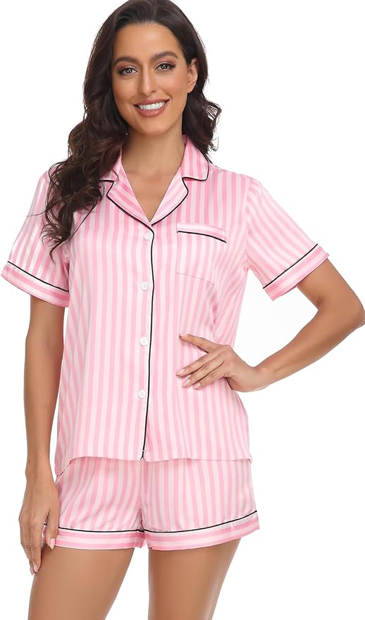 Serenedelicacy Women's Satin Pajama Set 2-Piece Sleepwear Loungewear Button Down Short Sleeve Silky PJ Set