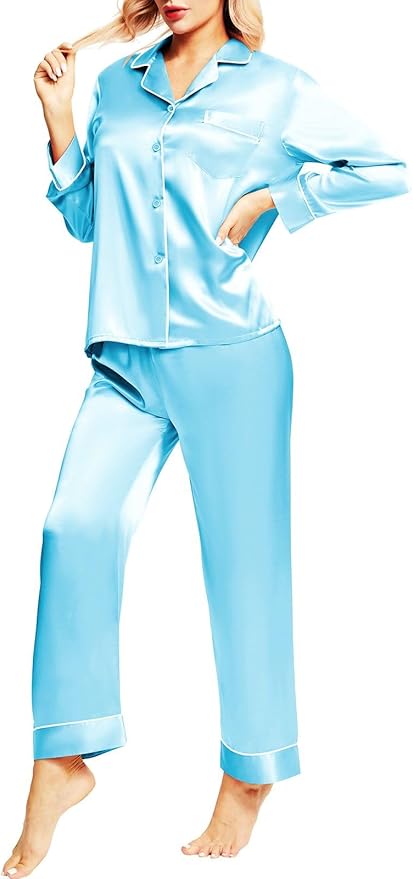 SIHA Satin Silk Pajamas for Women Pajama Set With Long Sleeve Button-Down Satin Pajamas Sleepwear XS-3XL