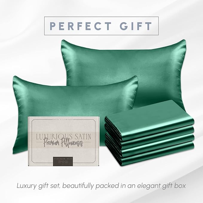 Elegant Comfort 6-Pack Hunter Green Satin Pillowcase Set with Hidden Zipper Closure, Silky Smooth for Hair and Skin Care - Standard/Queen
