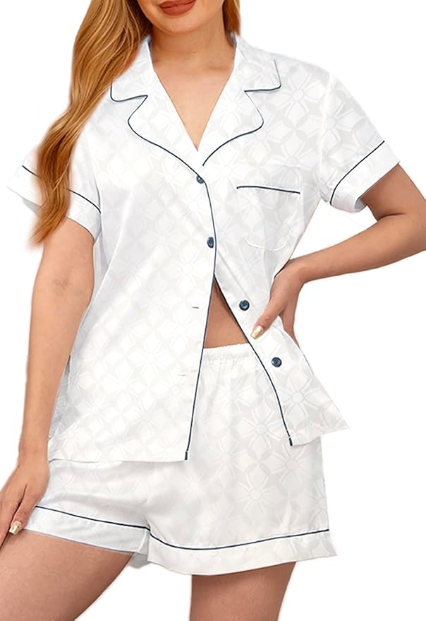 WJing Yi Jia Womens Silk Satin Pajamas Loungewear Two-Piece Sleepwear Button-Down Floral Pj Set XS-4XL