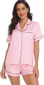Serenedelicacy Women's Satin Pajama Set 2-Piece Sleepwear Loungewear Button Down Short Sleeve Silky PJ Set