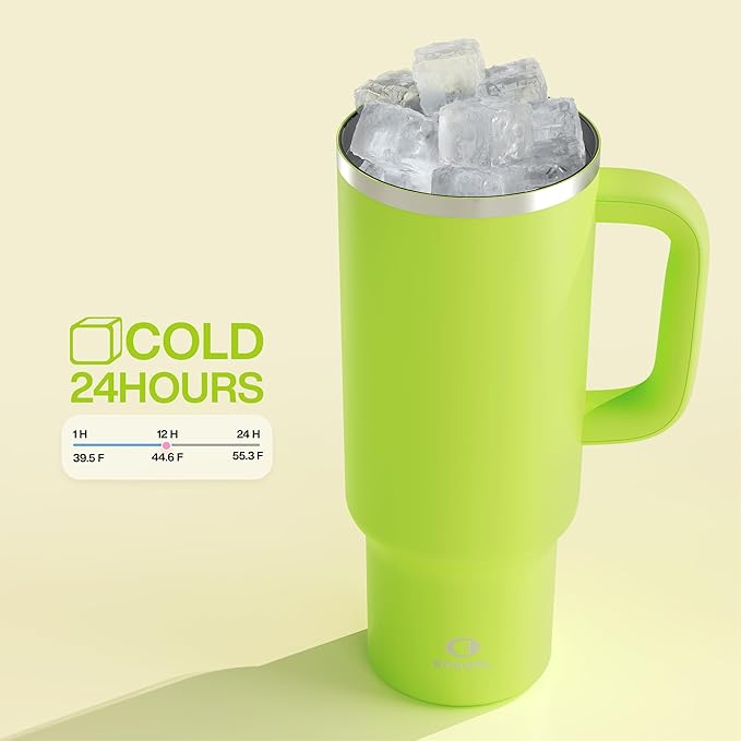 ENCOOL 40 oz Tumbler with Handle and Straw: Stainless Steel Insulated Tumbler Keeps Cold for 24 Hours, Leakproof Travel Cup Fits in Cup Holder and BPA-Free,Sharp Green