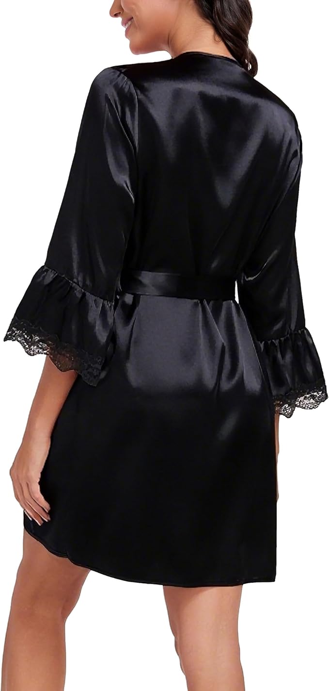 Lace Trim Satin Robes for Women Bride Bridesmaid Silky Kimono Robe Valentines Lingerie with Bell Sleeves