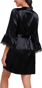 Lace Trim Satin Robes for Women Bride Bridesmaid Silky Kimono Robe Valentines Lingerie with Bell Sleeves