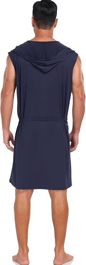 VintageClothing Men's Summer Robe with Hooded Lightweight Bathrobe House Kimono Sleeveless Sexy Sleepwear Pajamas
