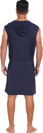 VintageClothing Men's Summer Robe with Hooded Lightweight Bathrobe House Kimono Sleeveless Sexy Sleepwear Pajamas