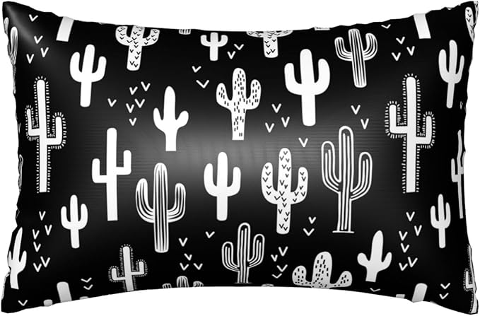 1 Pack Satin Pillowcase for Hair and Skin Funny Black and White Cactus Imitation Silk Pillowcase with Hidden Zipper Soft Breathable Smooth Cooling Pillow Cover King Size for Bedroom Sofa 20”x36”