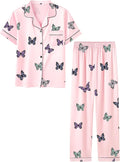 Umeyda Girls Womens Pajamas Set, Satin Silky Button Down Loungewear 2 Piece Short Sleeve Pants PJS Sets for Mommy Kids