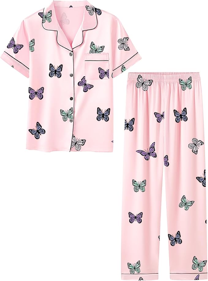 Umeyda Girls Womens Pajamas Set, Satin Silky Button Down Loungewear 2 Piece Short Sleeve Pants PJS Sets for Mommy Kids
