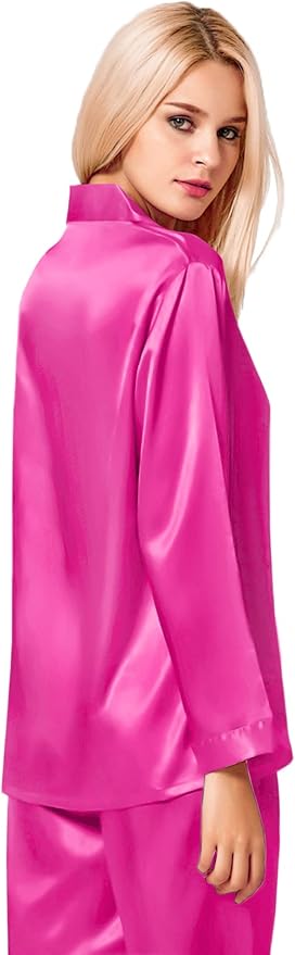 SWOMOG Long Sleeve Pajamas Set Silk Satin Sleepwear Button Down Pjs Loungewear with Pocket