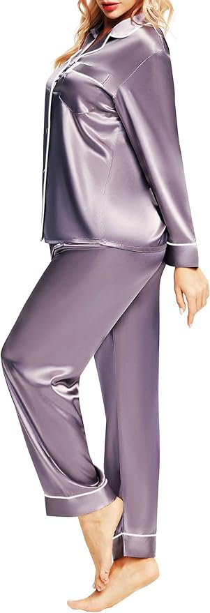 SIHA Satin Silk Pajamas for Women Pajama Set With Long Sleeve Button-Down Satin Pajamas Sleepwear XS-3XL
