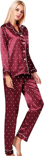 SWOMOG Womens Silk Satin Pajamas Set Long Sleeve Button Down Sleepwear 2 Piece Lounge Set Pj Set XS-3XL