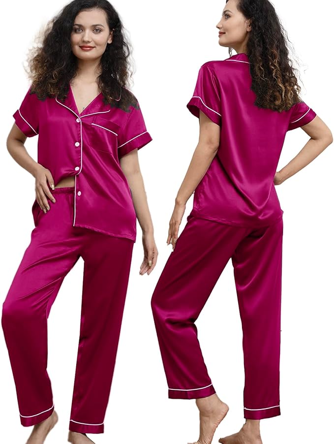 WJing Yi Jia Womens Pajamas Set XS-4XL Floral Silk Satin Pajama Sets Silky Pj Sets 2Pcs Loungewear Sleepwear Button Down Pjs