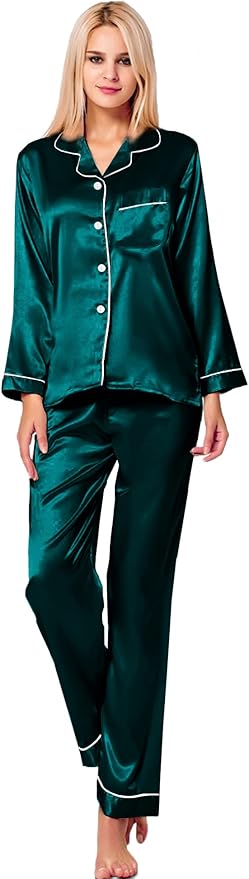 SWOMOG Womens Silk Satin Pajamas Set Long Sleeve Button Down Sleepwear 2 Piece Lounge Set Pj Set XS-3XL