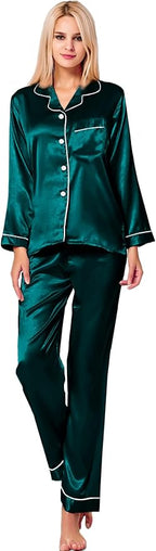 SWOMOG Womens Silk Satin Pajamas Set Long Sleeve Button Down Sleepwear 2 Piece Lounge Set Pj Set XS-3XL