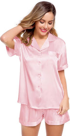 LecGee Womens Silk Satin Pajamas Short Sleeve Loungewear Two-Piece Sleepwear Button-Down Pj Set