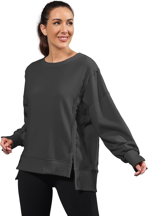 Nirovien Womens Oversized Crewneck Sweatshirt Side Slit Long Sleeve Pullover Slouchy Fit Tops