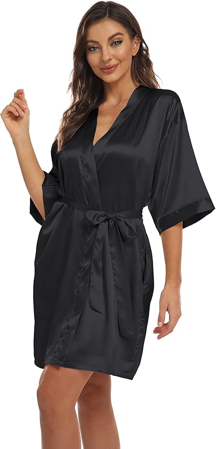 Women's Pure Short Kimono Robes Bride Bridesmaids Silky Bathrobe Lightweight Satin Sleepwear