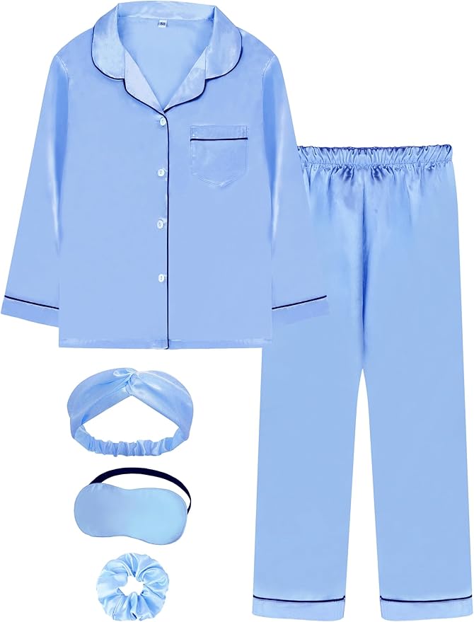 EPLAZA Kids Satin Pajamas Sets Girls Boys Button-Down Silky Pajamas Sleepwear with Hairband Eye Mask Hair Tie