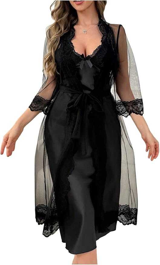 OYOANGLE Women's Mesh Robe Set 2 Pieces Pajamas Sets Sexy Soft Robe with Silk Satin V Neck Cami Dress Nightgown