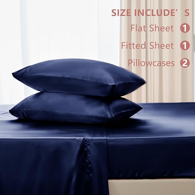 CozyLux Satin Sheets Queen Size Bed Set - 4 Piece Silky Queen Sheet Set, Luxury Navy Blue Queen Sheets with Smooth and Soft Microfiber, Includes 1 Fitted Sheet, 1 Flat Sheet and 2 Pillowcases