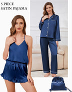 SAPJON Satin Silk Pajamas for Women Set 5PCS Classic Button Down Pajamas Top and Pants Cami and Ruffle Shorts Sleepwear