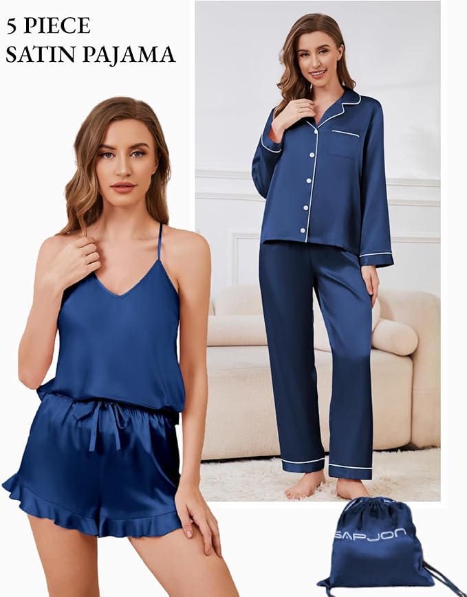 SAPJON Satin Silk Pajamas for Women Set 5PCS Classic Button Down Pajamas Top and Pants Cami and Ruffle Shorts Sleepwear