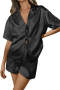 CHYRII Women's Silk Satin Pajamas Sets Tie Front Short Sleeve Tops and Shorts Two Piece Pj Sets Sleepwear