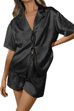 CHYRII Women's Silk Satin Pajamas Sets Tie Front Short Sleeve Tops and Shorts Two Piece Pj Sets Sleepwear