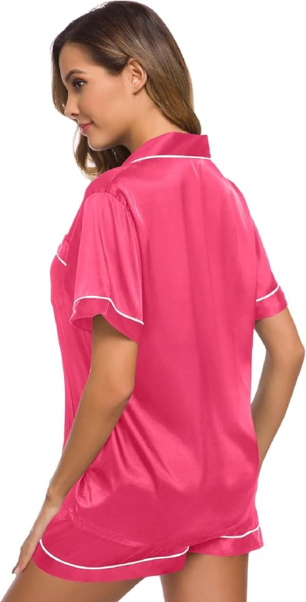 SWOMOG Womens Silk Satin Pajamas Set Short Sleeve Sleepwear Button Down Top and Shorts Loungewear 2 Piece Pjs Set XS-3XL