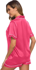 SWOMOG Womens Silk Satin Pajamas Set Short Sleeve Sleepwear Button Down Top and Shorts Loungewear 2 Piece Pjs Set XS-3XL