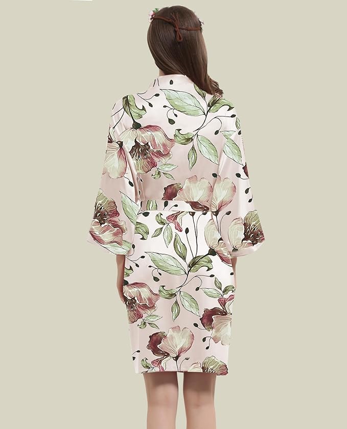 WJing Yi Jia Womens Satin Kimono Robe Silky Robes Floral Bathrobe Bride Bridesmaid Wedding Bridal Dressing Gown Loungewear