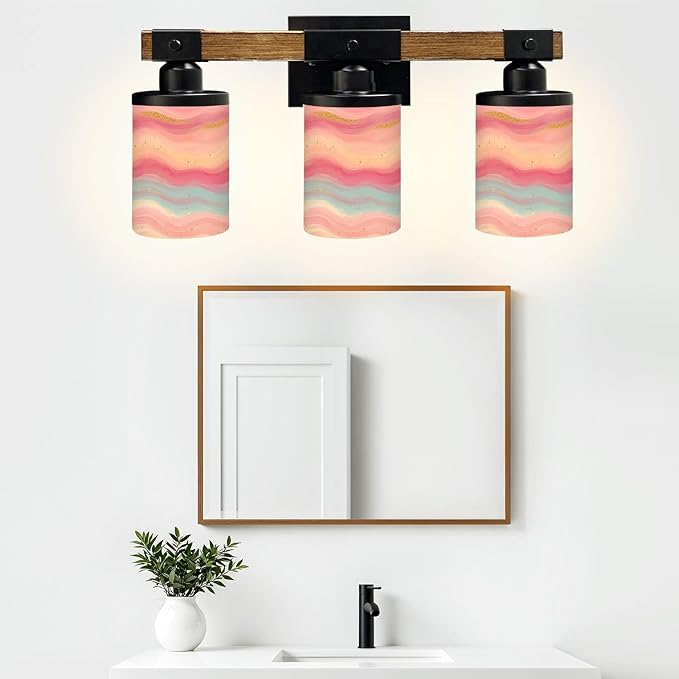 Vanity Lights for Bathroom Wall Lights for Bedroom Living Room Pink Blue Abstract Marble Waves Gold Glitter Accents Modern Bathroom Light Fixtures Wall Sconces 3 Light Home Decor