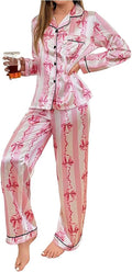 WDIRARA Women's 2 Piece Bowknot Print Satin Pajama Set Long Sleeve Button Down Lounge Pants Sleepwear Sets