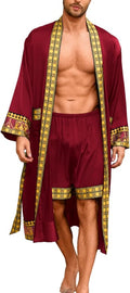 ChiaoLezhee Men's Luxury Silky Robe & Shorts Set, 2PC Lightweight Satin Pajamas with Pockets, Opulent Baroque Kimono Gifts