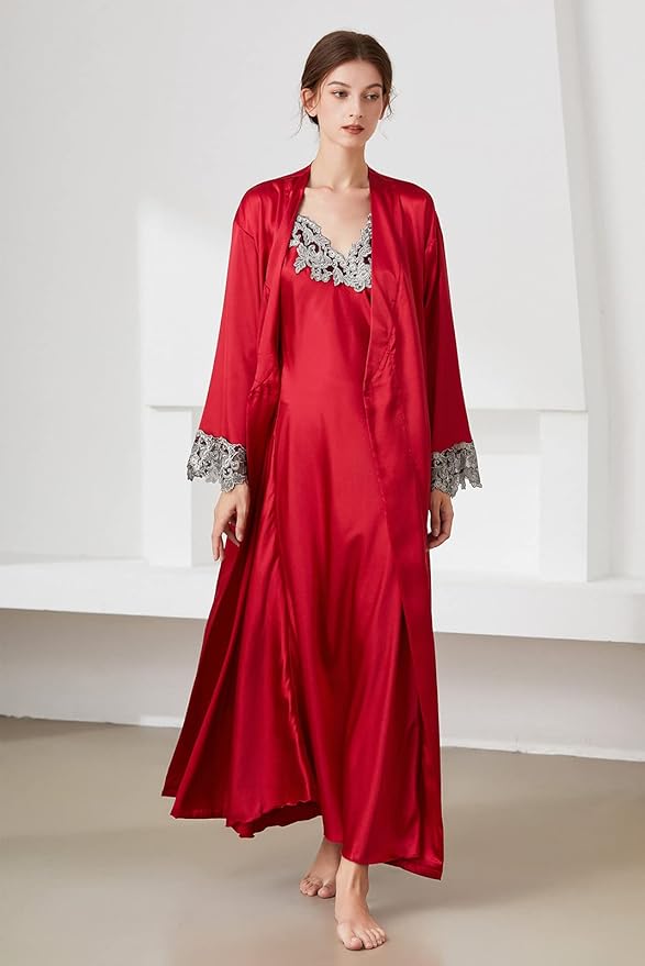 FEOYA Women's 2 Piece Satin Nightgown and Robe Sexy Silk Lace Pajamas Set Long V Neck Sleepwear for Ladies