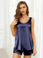 MOYEE Women Silk Pajama Set Soft Satin V Neck Tank Top and Shorts 2 Piece lounge Sets with Pockets
